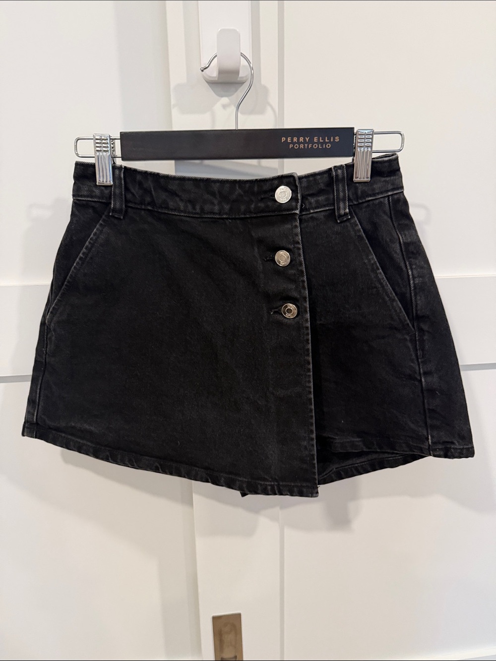 Zara Black Denim Asymmetrical Button-Front Mini Skirt